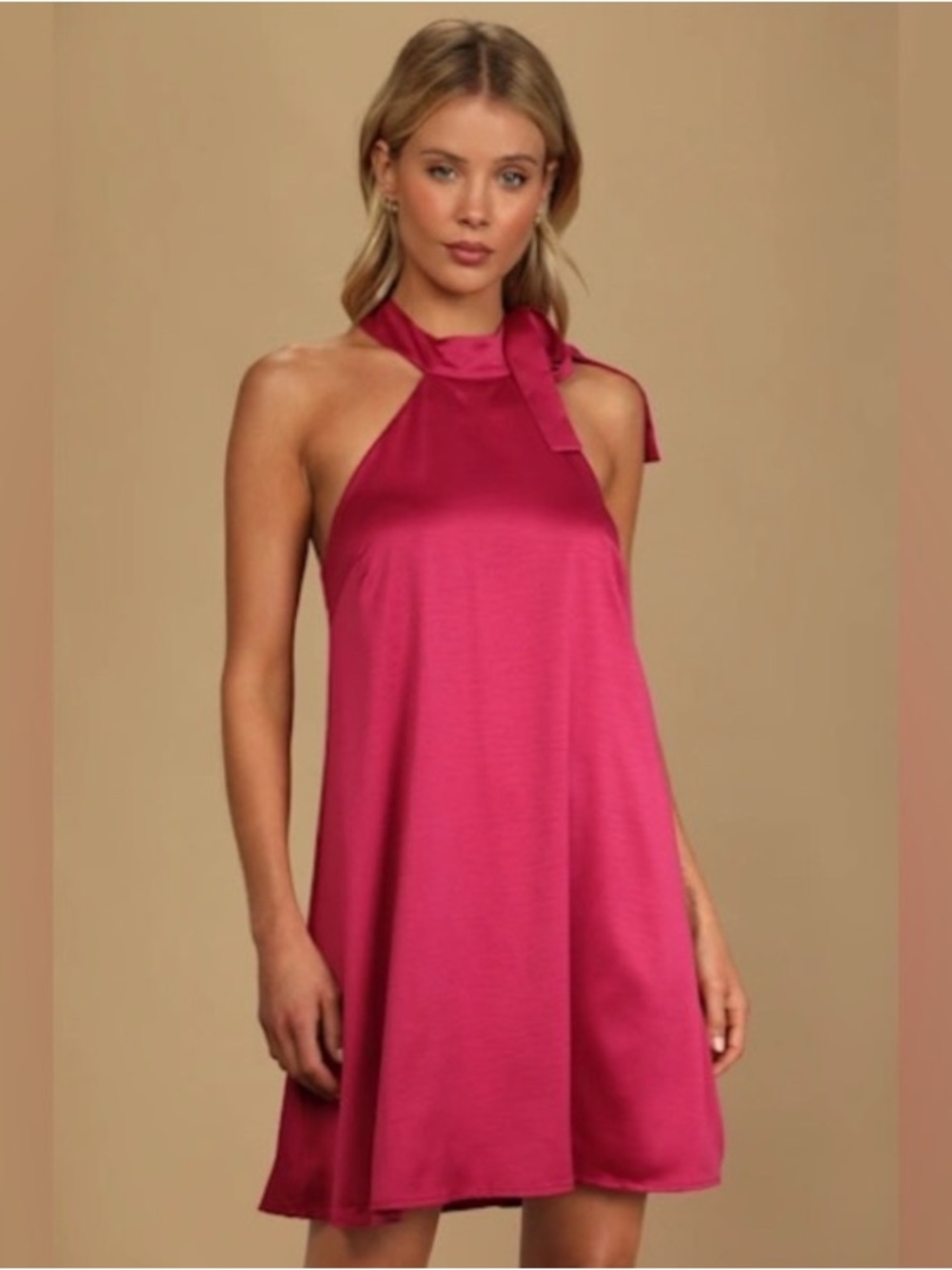 NWT Headed Out Tonight Fuchsia Pink Satin Halter Swing Dress Size XS extra small